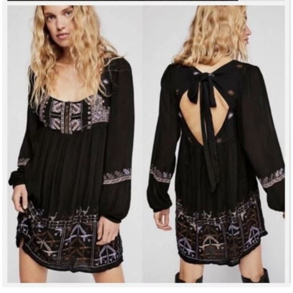 FREE PEOPLE Rhiannon Embroidered Mini Dress Open Back Long Sleeve Boho Sz S